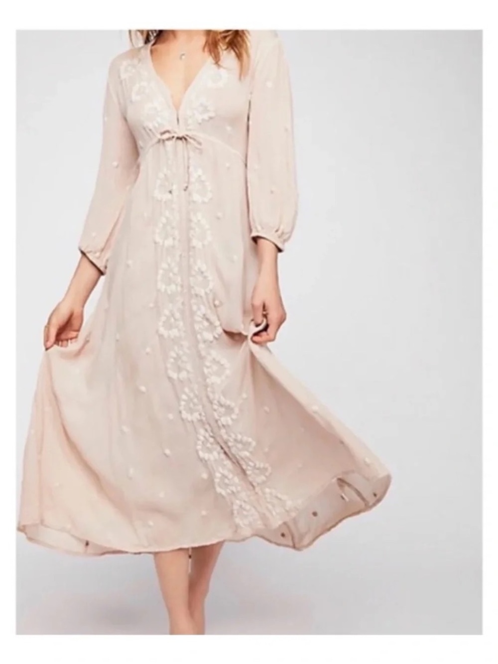 Free People Embroidered Fable Midi Dress in Antique Pink XSmall